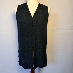 Ann Taylor Vintage Black Silk Jacquard Floral Longline Button Front Vest Small